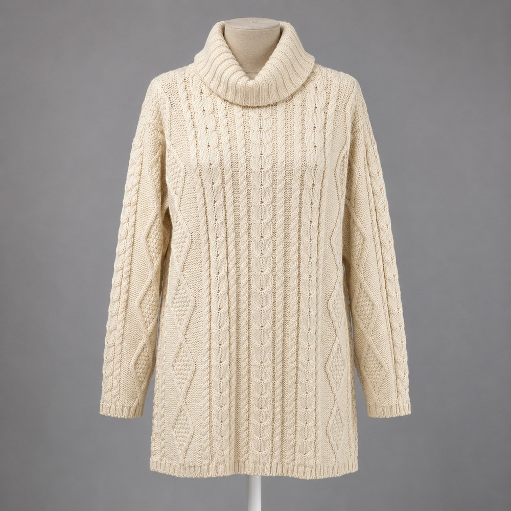 Vintage 90s Cable Knit Turtleneck Sweater Size L Cream Tunic Chunky Heavyweight